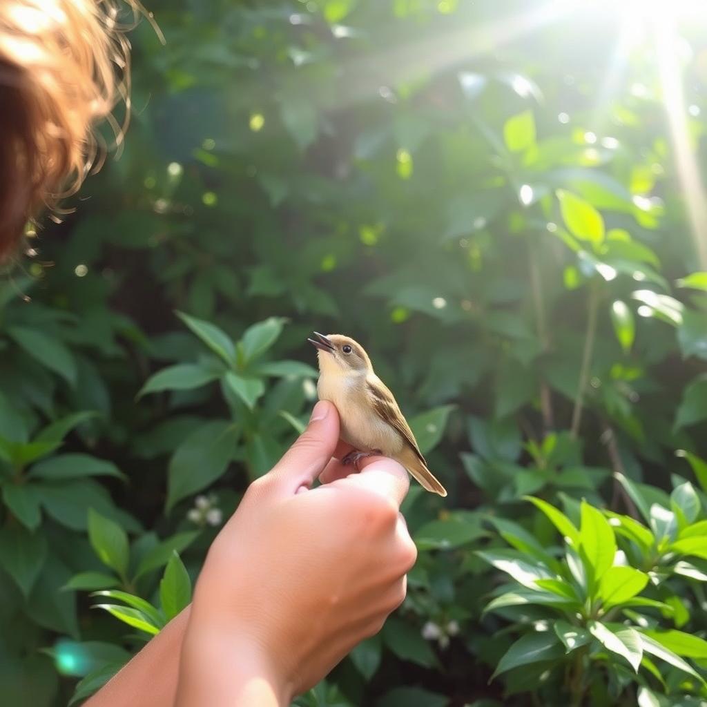 A serene scene of a person feeding and caring for a small bird, surrounded by lush greenery