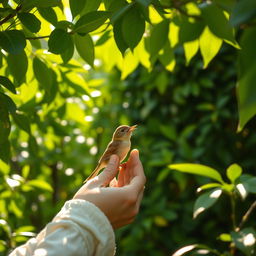 A serene scene of a person feeding and caring for a small bird, surrounded by lush greenery