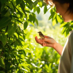 A serene scene of a person feeding and caring for a small bird, surrounded by lush greenery