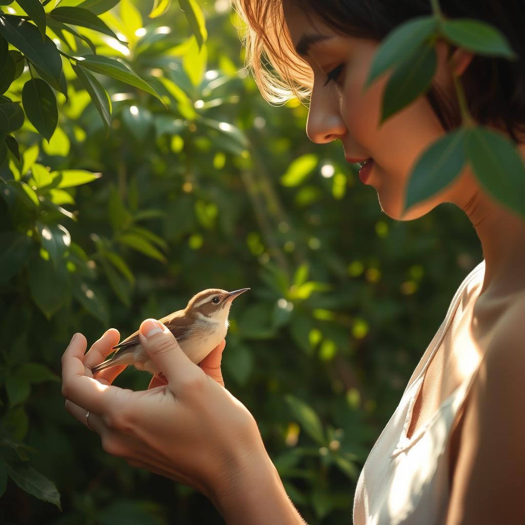 A serene scene of a person feeding and caring for a small bird, surrounded by lush greenery