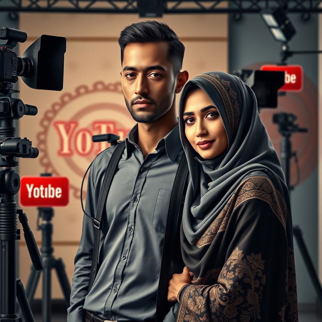 A professional novel cover featuring a realistic portrayal of a tall, thin man with brown skin, surrounded by professional cameras and iconic YouTube signs