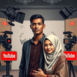 A professional novel cover featuring a realistic portrayal of a tall, thin man with brown skin, surrounded by professional cameras and iconic YouTube signs