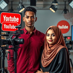 A professional novel cover featuring a realistic portrayal of a tall, thin man with brown skin, surrounded by professional cameras and iconic YouTube signs