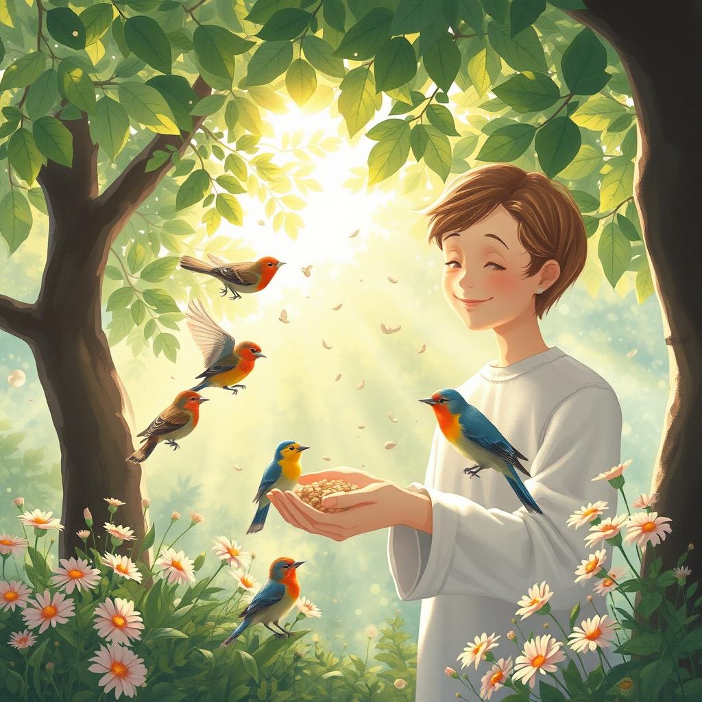 A gentle scene depicting a person feeding birds, surrounded by trees and flowers