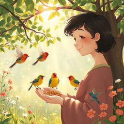 A gentle scene depicting a person feeding birds, surrounded by trees and flowers