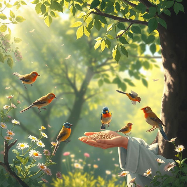 A gentle scene depicting a person feeding birds, surrounded by trees and flowers