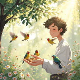 A gentle scene depicting a person feeding birds, surrounded by trees and flowers