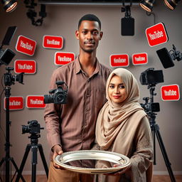 A professional novel cover featuring a tall, thin man with brown skin, prominently surrounded by cameras and iconic YouTube signs, symbolizing the digital creator's world