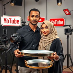 A professional novel cover featuring a tall, thin man with brown skin, prominently surrounded by cameras and iconic YouTube signs, symbolizing the digital creator's world