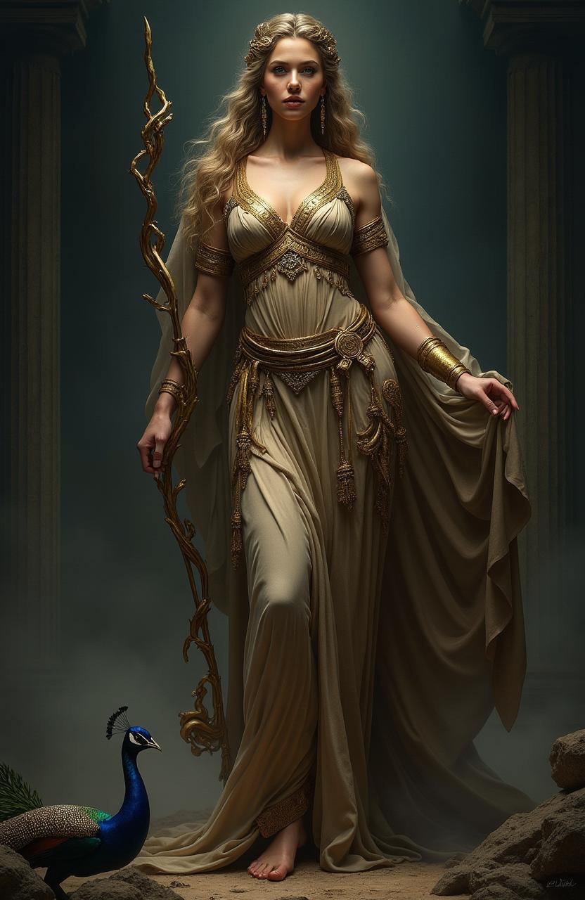 An awe-inspiring depiction of Hera, the Greek goddess, portrayed with a strong and powerful presence