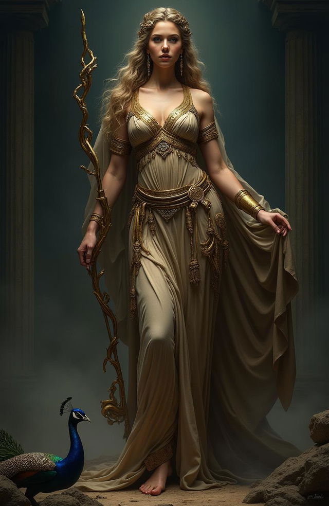 An awe-inspiring depiction of Hera, the Greek goddess, portrayed with a strong and powerful presence