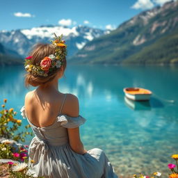 A super realistic scene capturing a woman sitting by a lake in a dress