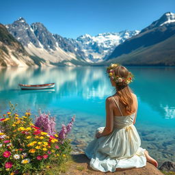 A super realistic scene capturing a woman sitting by a lake in a dress