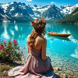 A super realistic scene capturing a woman sitting by a lake in a dress