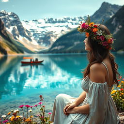 A super realistic scene capturing a woman sitting by a lake in a dress