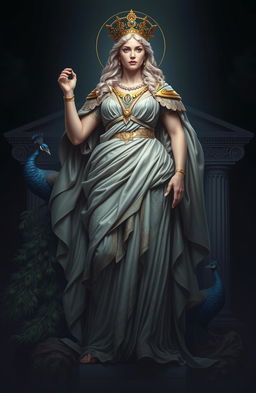 A grand and awe-inspiring representation of Hera, the Greek goddess, exuding power and dignity