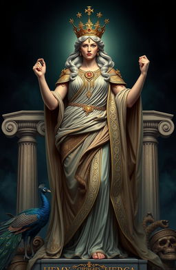 A grand and awe-inspiring representation of Hera, the Greek goddess, exuding power and dignity