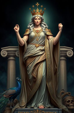 A grand and awe-inspiring representation of Hera, the Greek goddess, exuding power and dignity