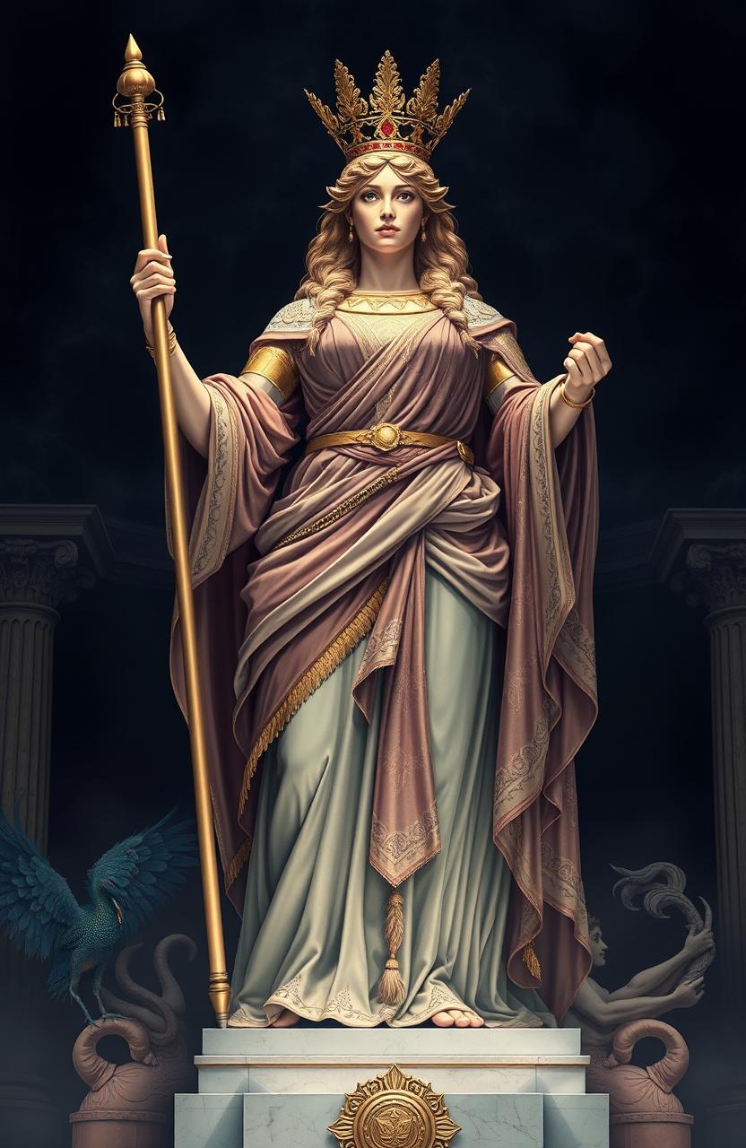 A grand and awe-inspiring representation of Hera, the Greek goddess, exuding power and dignity