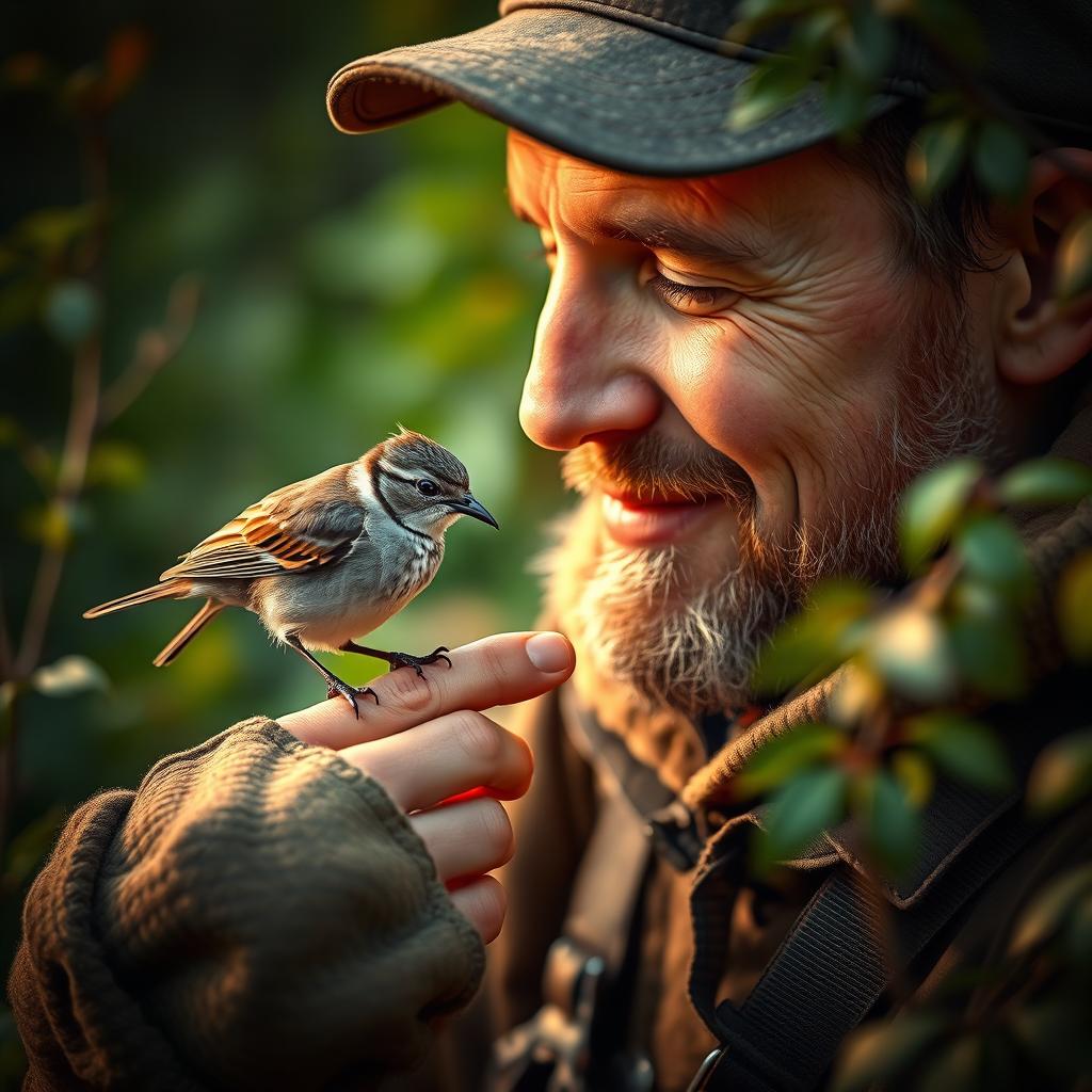 A gentle hunter feeding a small bird with a caring expression, surrounded by nature