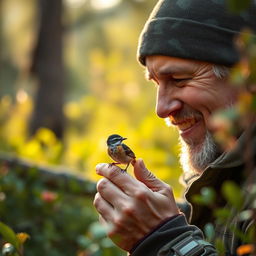 A gentle hunter feeding a small bird with a caring expression, surrounded by nature