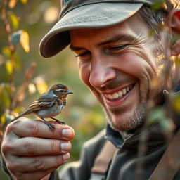 A gentle hunter feeding a small bird with a caring expression, surrounded by nature