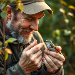 A gentle hunter feeding a small bird with a caring expression, surrounded by nature