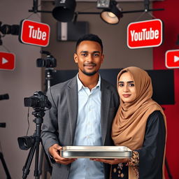 A professional novel cover featuring a tall, thin man with brown skin, prominently surrounded by cameras and iconic YouTube signs, symbolizing the digital creator's world