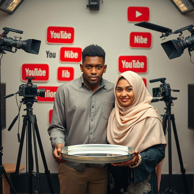 A professional novel cover featuring a tall, thin man with brown skin, prominently surrounded by cameras and iconic YouTube signs, symbolizing the digital creator's world