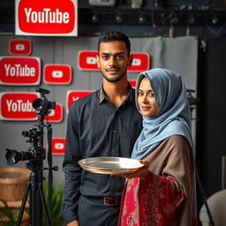 A professional novel cover featuring a tall, thin man with brown skin, prominently surrounded by cameras and iconic YouTube signs, symbolizing the digital creator's world