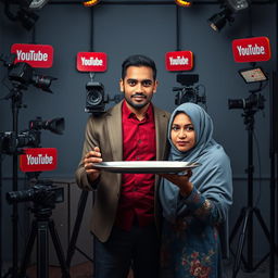 A professional novel cover featuring a tall, thin man with brown skin, prominently surrounded by cameras and iconic YouTube signs, symbolizing the digital creator's world