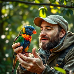 A hunter gently feeding a colorful bird, showing care and tenderness