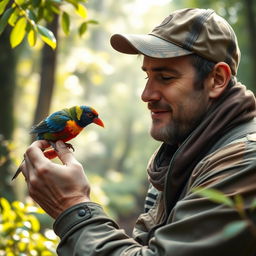 A hunter gently feeding a colorful bird, showing care and tenderness