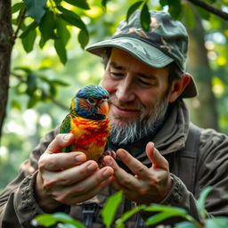 A hunter gently feeding a colorful bird, showing care and tenderness