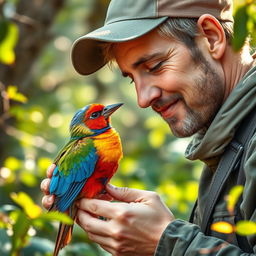 A hunter gently feeding a colorful bird, showing care and tenderness