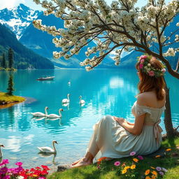 A super realistic scene capturing a woman sitting by a lake in a dress, under a blooming tree