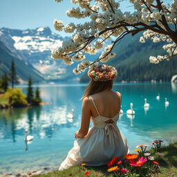 A super realistic scene capturing a woman sitting by a lake in a dress, under a blooming tree