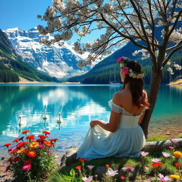 A super realistic scene capturing a woman sitting by a lake in a dress, under a blooming tree