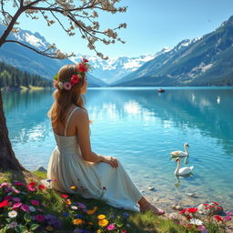 A super realistic scene capturing a woman sitting by a lake in a dress, under a blooming tree