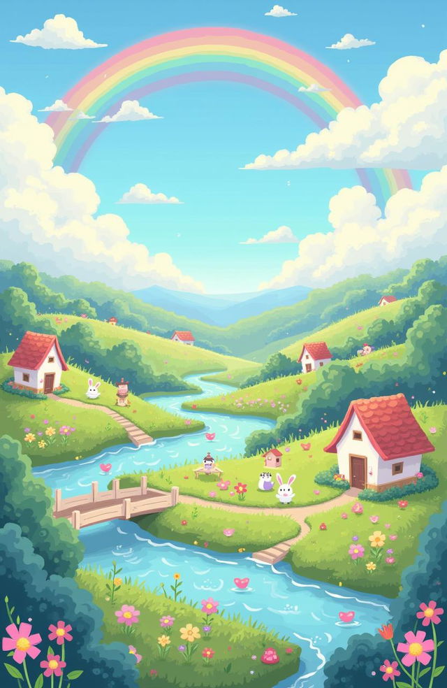 A lively and vibrant pastel pixel art scene featuring a whimsical landscape with rolling hills, fluffy clouds, and a sparkling river