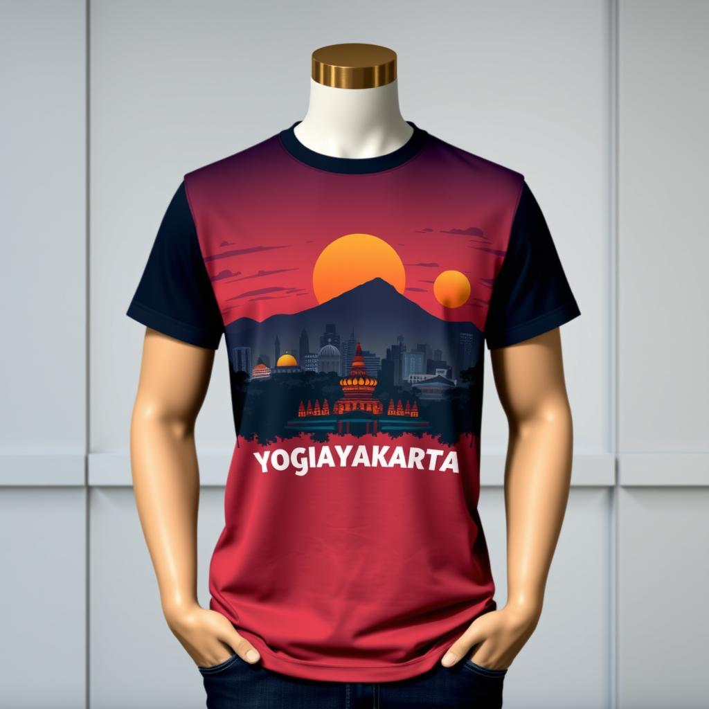 A trendy T-shirt design inspired by the cityscape of Kota Yogyakarta, Indonesia, featuring a detailed skyline of the city at dusk