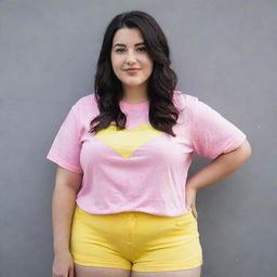 A curvy girl with dark hair, wearing a pink t-shirt and yellow shorts