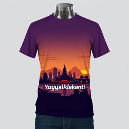 A trendy T-shirt design inspired by the cityscape of Kota Yogyakarta, Indonesia, featuring a detailed skyline of the city at dusk