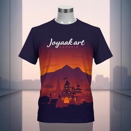 A trendy T-shirt design inspired by the cityscape of Kota Yogyakarta, Indonesia, featuring a detailed skyline of the city at dusk