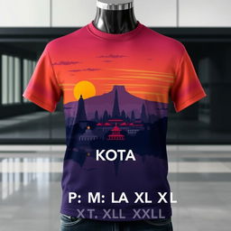 A trendy T-shirt design inspired by the cityscape of Kota Yogyakarta, Indonesia, featuring a detailed skyline of the city at dusk