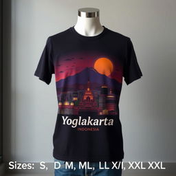 A trendy T-shirt design inspired by the cityscape of Kota Yogyakarta, Indonesia, featuring a detailed skyline of the city at dusk