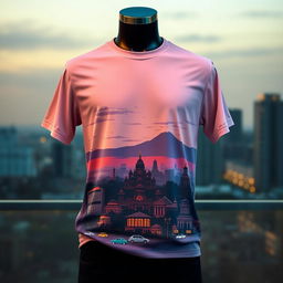 A trendy T-shirt design inspired by the cityscape of Kota Yogyakarta, Indonesia, featuring a detailed skyline of the city at dusk