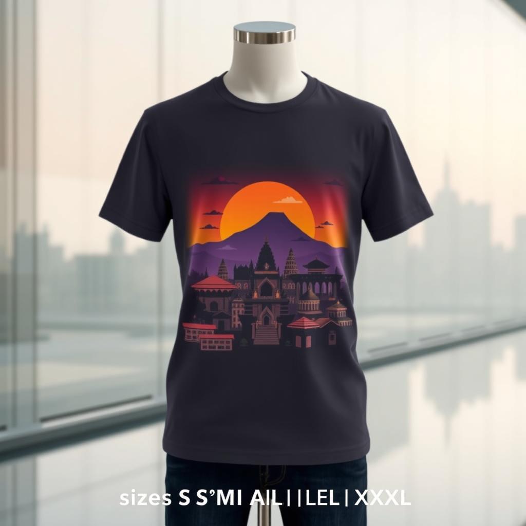 A trendy T-shirt design inspired by the cityscape of Kota Yogyakarta, Indonesia, featuring a detailed skyline of the city at dusk