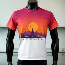 A trendy T-shirt design inspired by the cityscape of Kota Yogyakarta, Indonesia, featuring a detailed skyline of the city at dusk