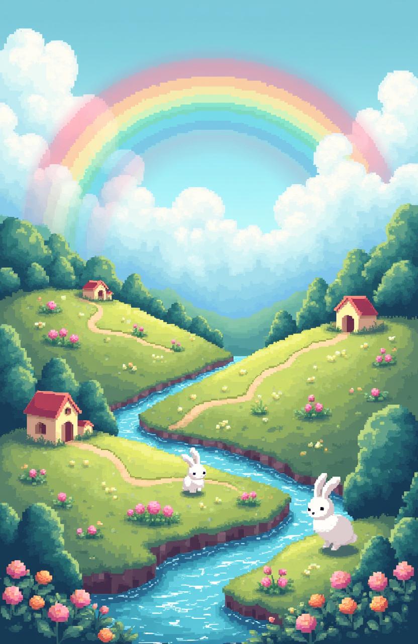 A heavily pixelated pastel pixel art scene featuring a whimsical landscape with rolling hills, fluffy clouds, and a sparkling river